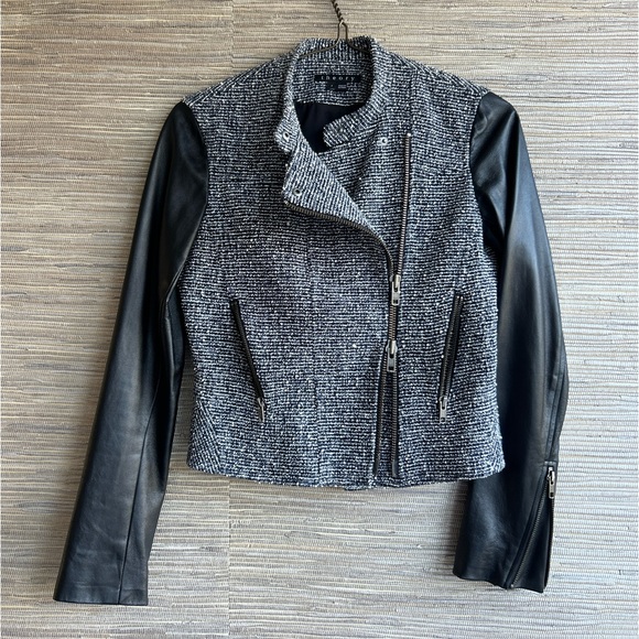 Theory Boucle Tweed Asymmetrical Lambskin Sleeve Moto Jacket Size 2 - Picture 2 of 10